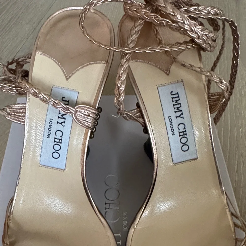 Jimmy Choo Metallic Rose Gold Braided-Strap Heeled Sandals - Picture 5 of 8